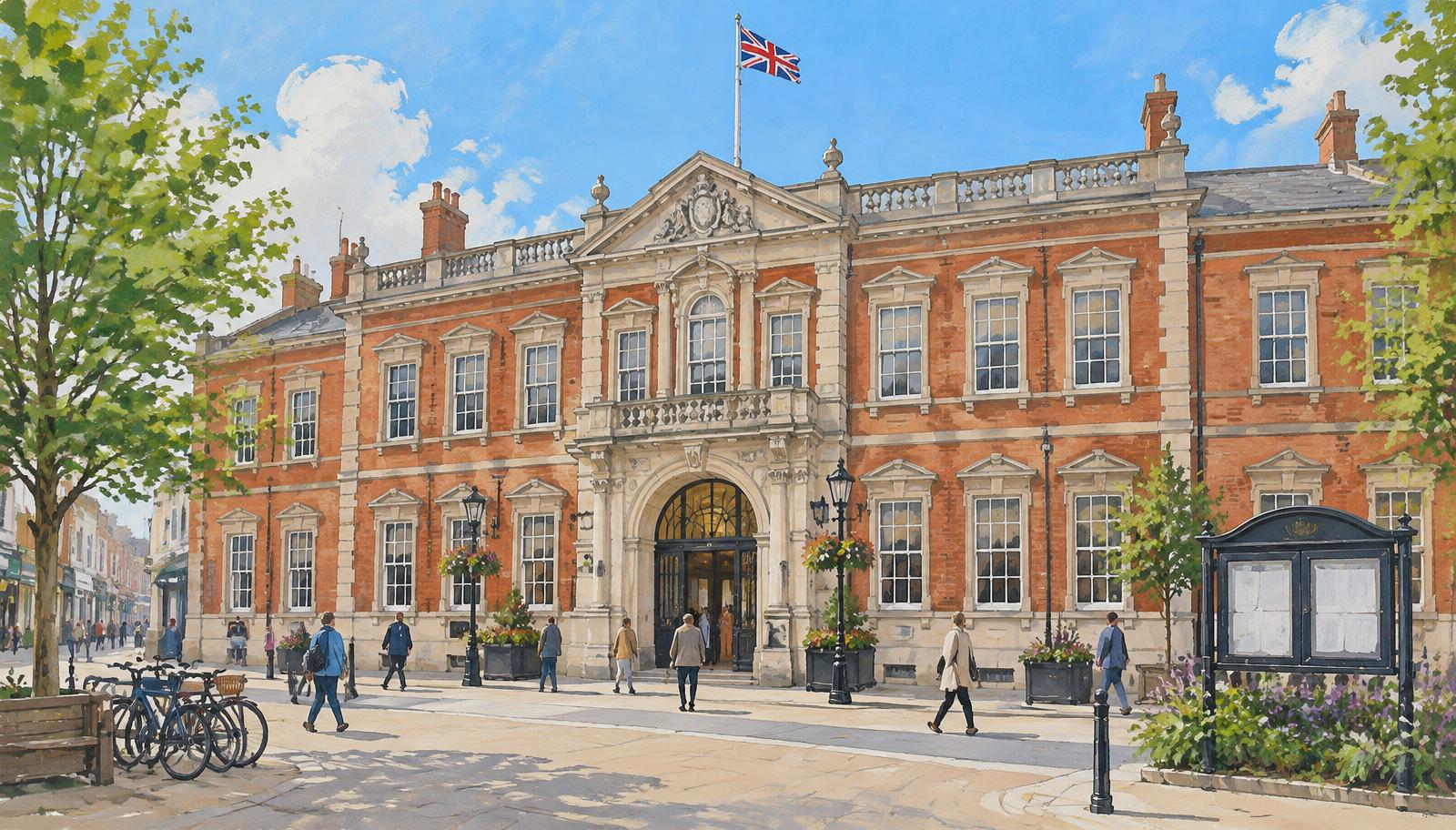 Artist's impression of Peterborough Town Hall's red-brick civic frontage on Bridge Street